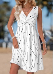 White Geometric Print Short Tummy Coverage Sleeveless Dress