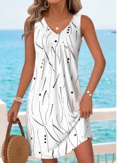 White Geometric Print Short Tummy Coverage Sleeveless Dress