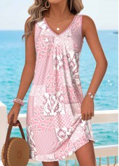 Light Pink Patchwork Short Shirred Sleeveless V Neck Dress