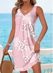 Light Pink Patchwork Short Shirred Sleeveless V Neck Dress | thumb picture 