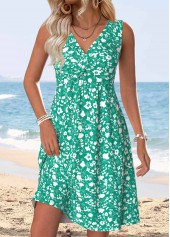 Cyan Ditsy Floral Print Short Tummy Coverage Sleeveless Dress
