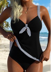 Black Mid Waisted Tummy Coverage Striped Tankini Top-No Bottom