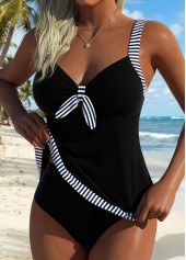 Black Mid Waisted Tummy Coverage Striped Tankini Top-No Bottom | thumb picture 