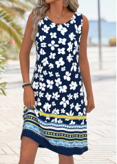 Navy Floral Print Tummy Coverage Sleeveless Round Neck Dress | thumb picture 