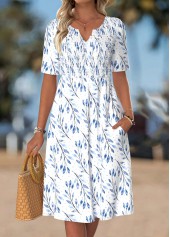 White Leaf Print Smocked Short Sleeve Split Neck Dress