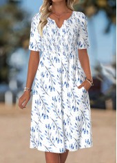 White Leaf Print Smocked Short Sleeve Split Neck Dress | thumb picture 