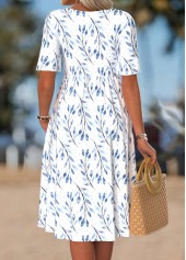 White Leaf Print Smocked Short Sleeve Split Neck Dress | thumb picture 