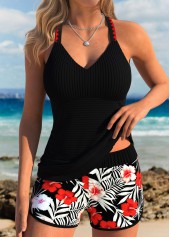 Black Mid Waisted Tummy Coverage Floral Print Tankini Set