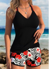 Black Mid Waisted Tummy Coverage Floral Print Tankini Set | thumb picture 