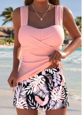 Pink Mid Waisted Wrap Tropical Plants Print Tankini Set