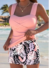 Pink Mid Waisted Wrap Tropical Plants Print Tankini Set | thumb picture 