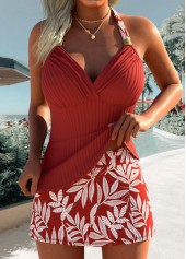 Wine Red Mid Waisted Floral Print Tankini Set