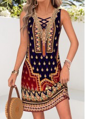 Multi Color Tribal Print Short Tummy Coverage Sleeveless Dress