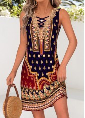 Multi Color Tribal Print Short Tummy Coverage Sleeveless Dress | thumb picture 