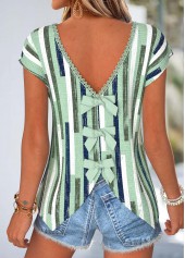 Sage Green Geometric Print Bowknot Short Sleeve T Shirt