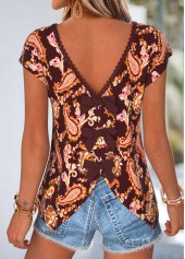 Deep Red Paisley Print Bowknot Short Sleeve T Shirt