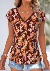 Deep Red Paisley Print Bowknot Short Sleeve T Shirt | thumb picture 