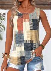 Multi Color Geometric Print Tuck Stitch Sleeveless Tank Top