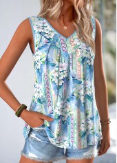 Light Blue Floral Print Curved Hem Sleeveless Tank Top | thumb picture 