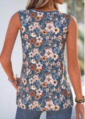 Peacock Blue Floral Print Pleated Sleeveless Tank Top | thumb picture 