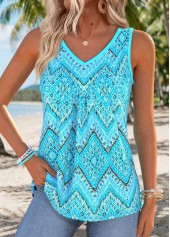Cyan Geometric Print Tummy Coverage Sleeveless Tank Top