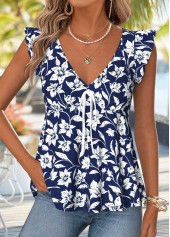Navy Floral Print Peplum Short Sleeve Tank Top