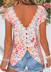 Pink Floral Print Tummy Coverage Short Sleeve T Shirt