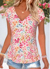 Pink Floral Print Tummy Coverage Short Sleeve T Shirt | thumb picture 