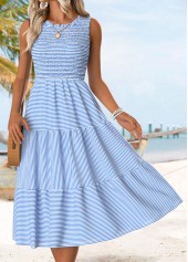 Light Blue Striped Tummy Coverage Sleeveless Round Neck Dress