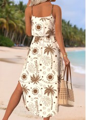 Beige Floral Print Tummy Coverage Strappy Round Neck Dress | thumb picture 