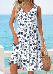 White Floral Print Tummy Coverage Sleeveless V Neck Dress