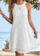 White Tummy Coverage A Line Sleeveless Round Neck Dress