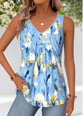 Light Blue Floral Print Tummy Coverage Sleeveless Tank Top