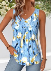 Light Blue Floral Print Tummy Coverage Sleeveless Tank Top | thumb picture 