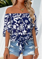 Navy Floral Print Tie Half Sleeve Off Shoulder Blouse | thumb picture 