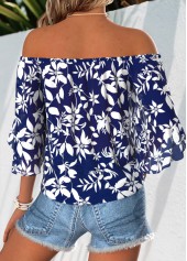 Navy Floral Print Tie Half Sleeve Off Shoulder Blouse | thumb picture 