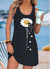 Black Daisy Print Short Tummy Coverage Sleeveless Dress