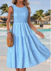 Light Blue Ditsy Floral Print Tummy Coverage Sleeveless Dress