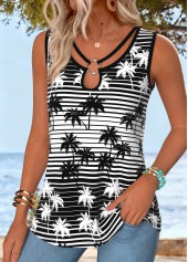 Black Tropical Plants Print Tummy Coverage Sleeveless Tank Top