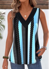 Blue Striped Sleeveless V Neck Tank Top