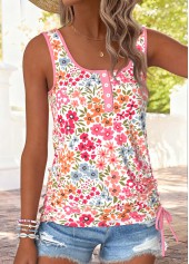 Pink Floral Print Button Sleeveless Square Neck Tank Top | thumb picture 