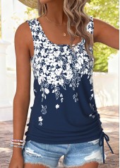 Navy Floral Print Button Sleeveless Square Neck Tank Top | thumb picture 