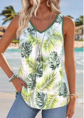Light Green Tropical Plants Print Tummy Coverage Tank Top