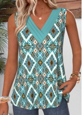Cyan Tribal Print Patchwork Sleeveless V Neck Tank Top