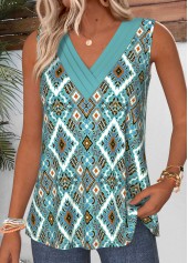 Cyan Tribal Print Patchwork Sleeveless V Neck Tank Top | thumb picture 