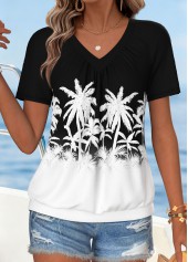 Black Tropical Plants Print Tummy Coverage T Shirt