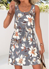 Grey Floral Print Short Tummy Coverage Sleeveless Dress