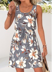 Grey Floral Print Short Tummy Coverage Sleeveless Dress | thumb picture 