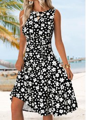 Black Floral Print Tummy Coverage Sleeveless Round Neck Dress