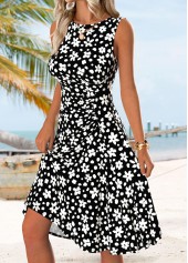 Black Floral Print Tummy Coverage Sleeveless Round Neck Dress | thumb picture 